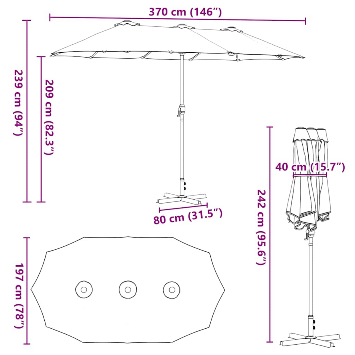 Disegno tecnico di un ombrellone da esterno con dimensioni.