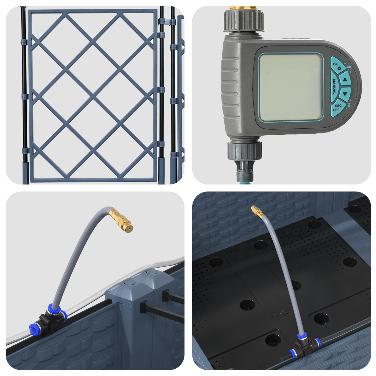 Quattro viste dettagliate di un sistema di irrigazione da giardino: cancello, timer, connettore tubo e interno.