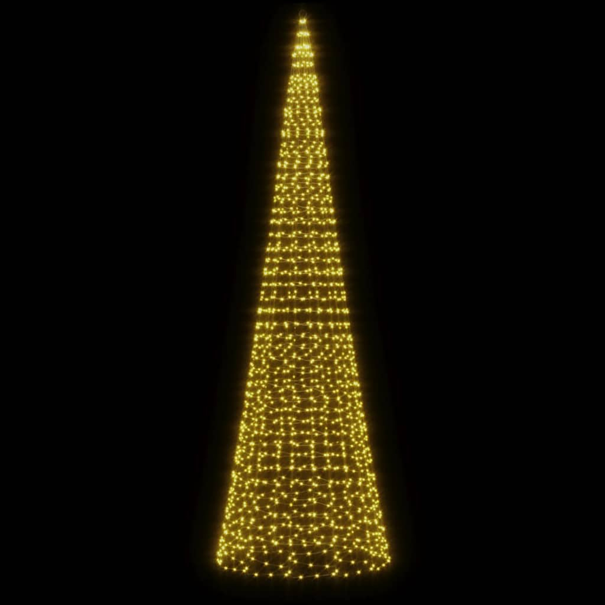 Ein hoher, kegelförmiger Weihnachtsbaum aus gelben Lichtern vor schwarzem Hintergrund.