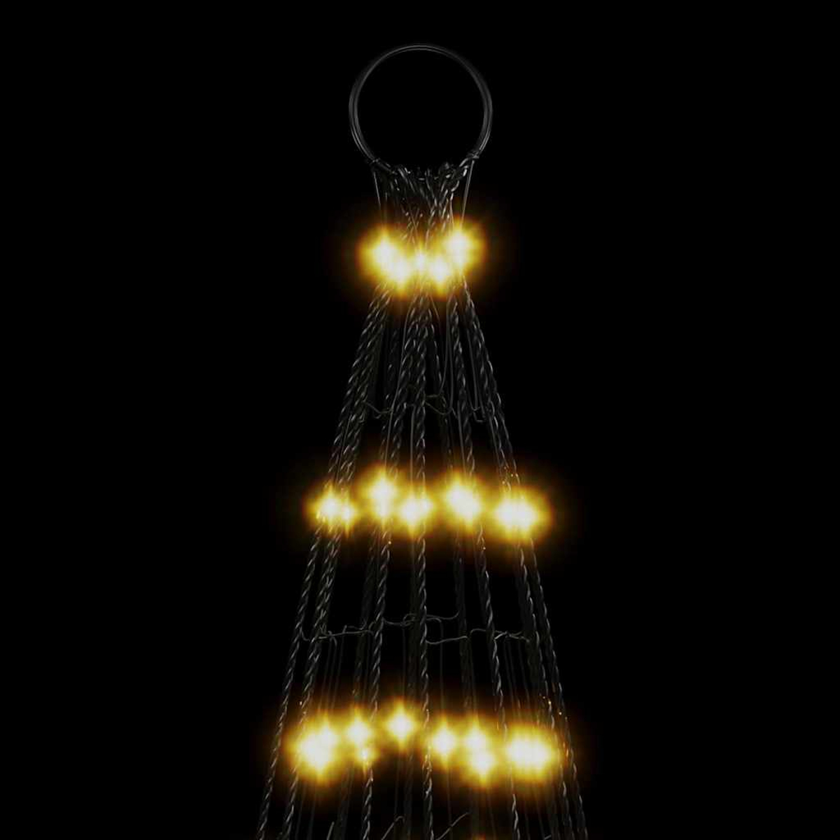 Ein dunkler, konischer Lichterbaum mit goldenen Lichtern und einem Ring an der Spitze.