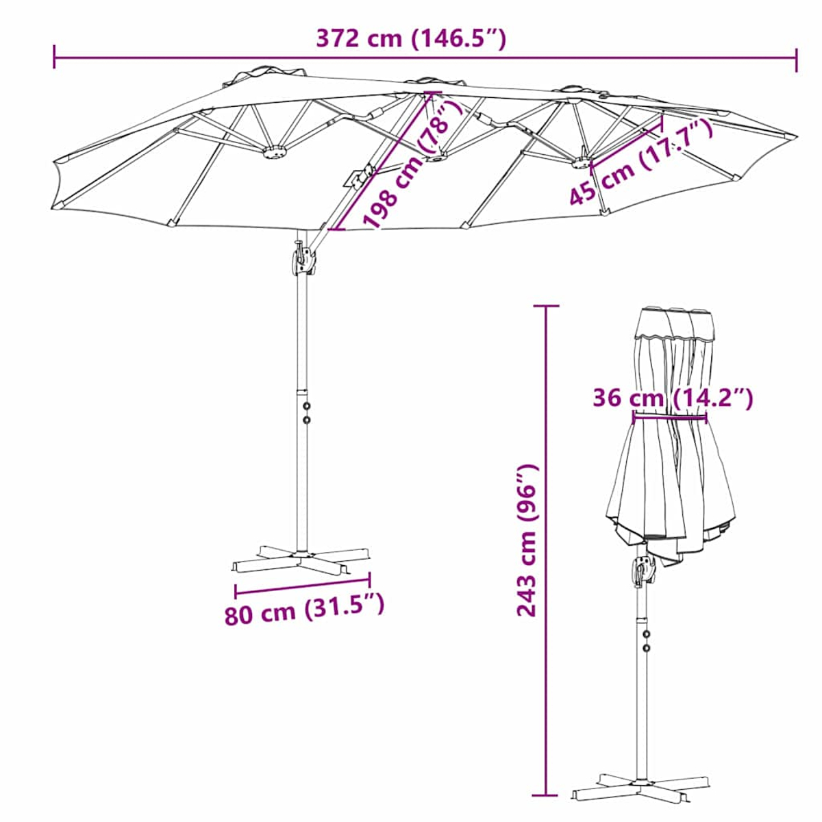 Diagramma di due ombrelloni, uno aperto (372cm largo, 198cm alto) e uno chiuso (36cm largo, 243cm alto).