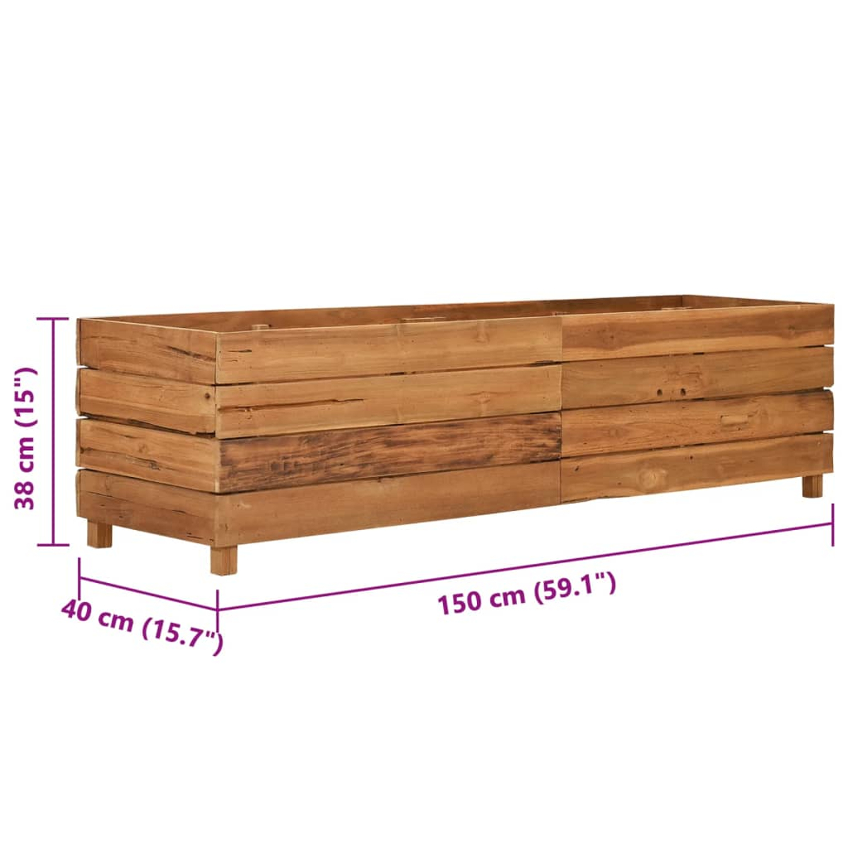 Ein rechteckiger Holzkasten mit Maßen 150x40x38 cm.