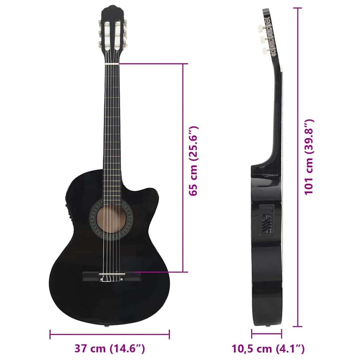 Schwarze Gitarre mit Maßen: 65cm, 101cm, 37cm und 10,5cm.