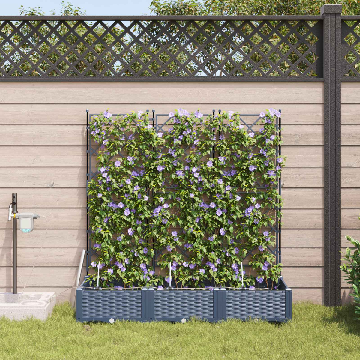 Un giardino verticale con piante rampicanti viola fiorite su una parete di legno.