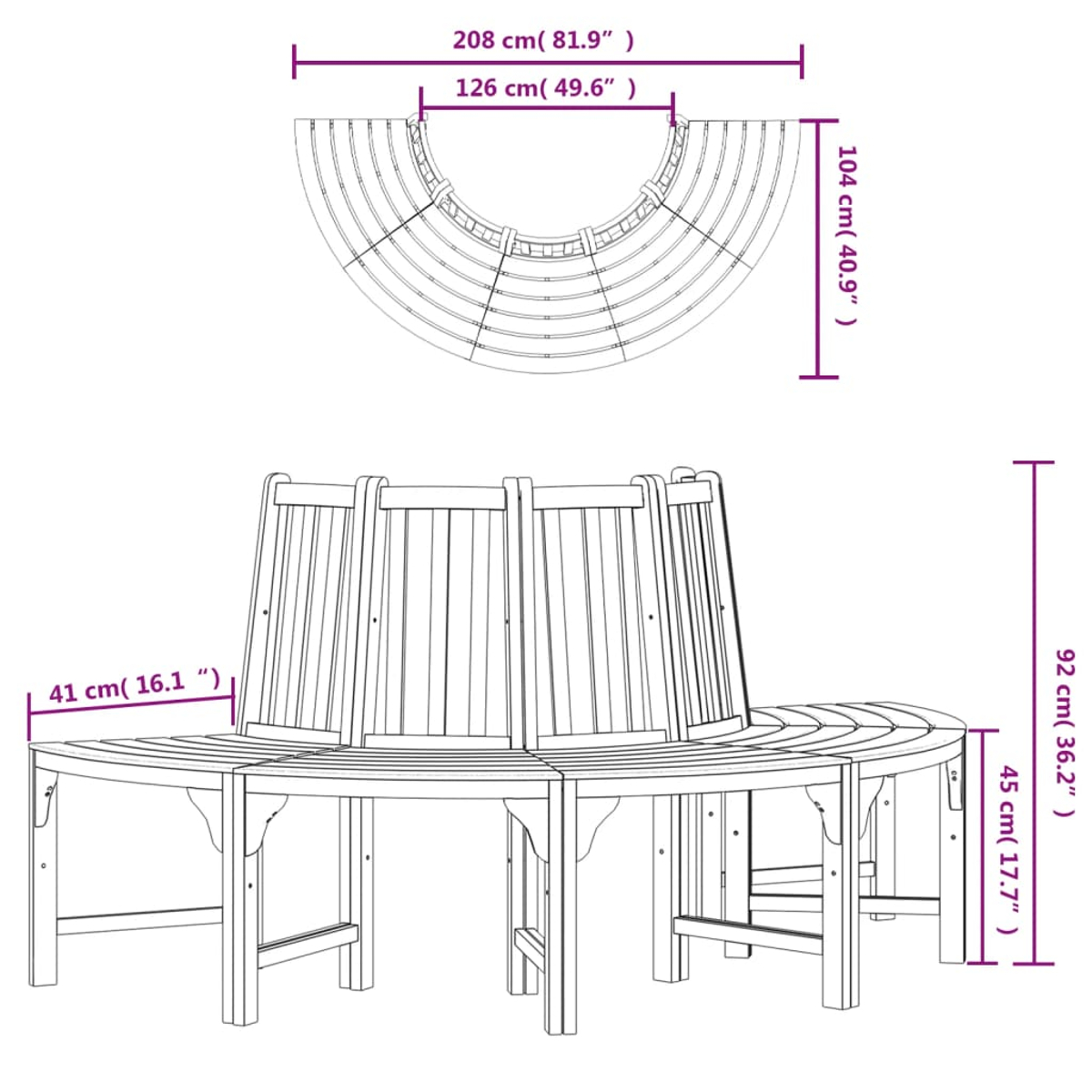 Disegno al tratto di una panca curva in legno con dimensioni.