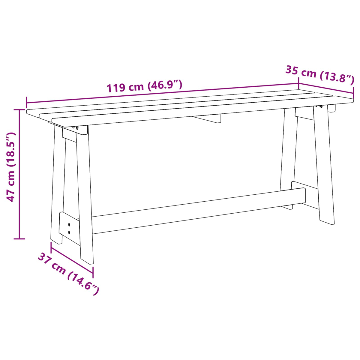 Eine hölzerne Bank mit Maßen 119x35x47 cm, mit Beinen.
