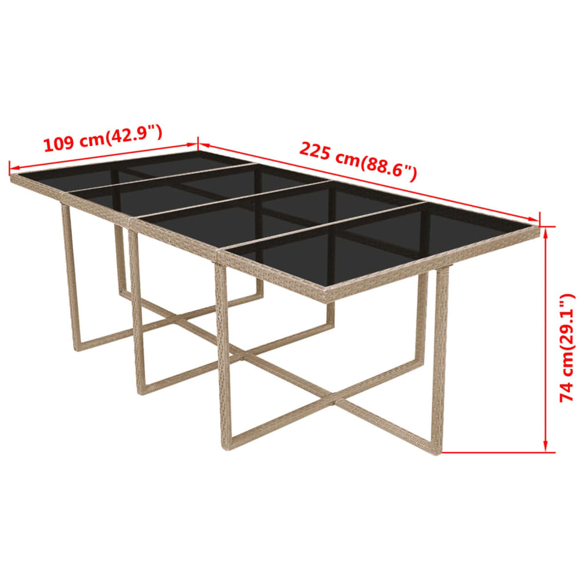 Ein rechteckiger Tisch aus Rattan mit Glasplatte, Maße 225x109x74cm.