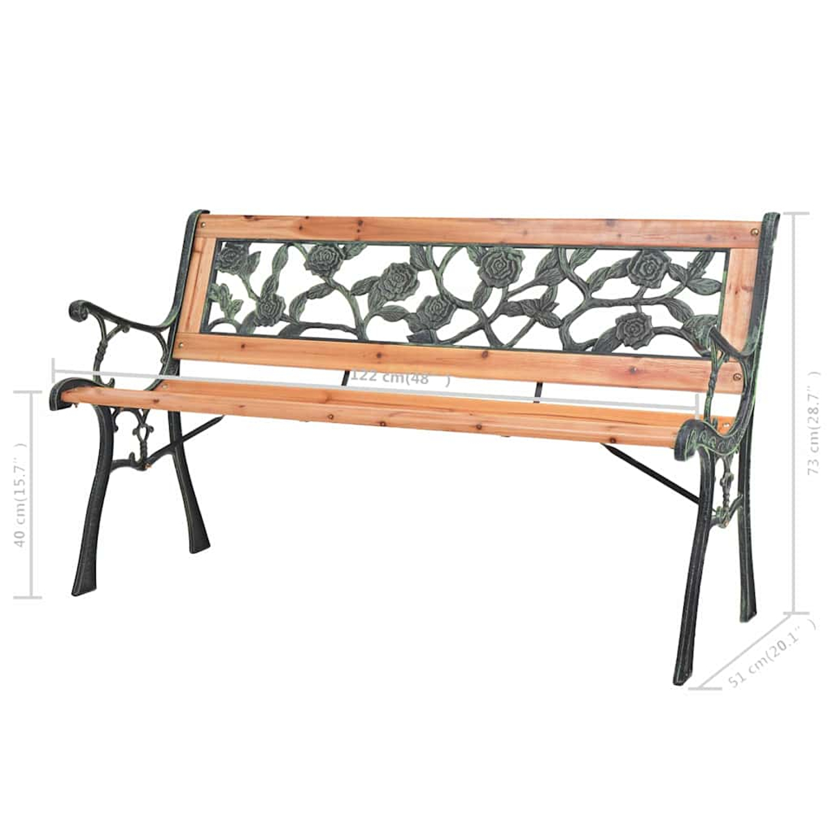 Eine Holzgartenbank mit verzierten grünen Metallrahmen mit Rosenmotiven.