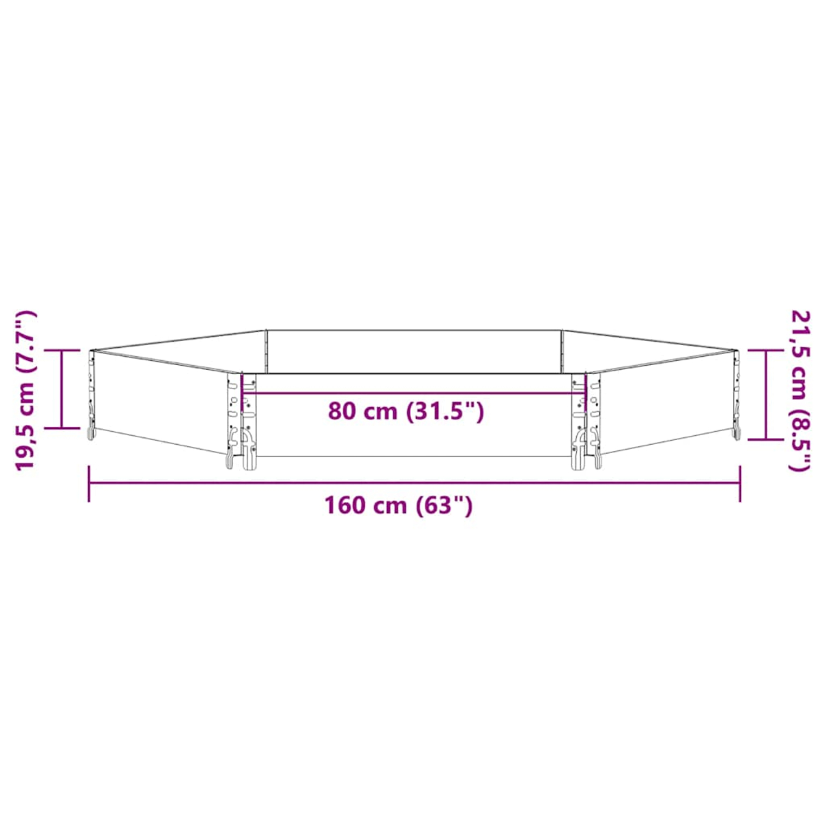 Un kit di fioriera rialzata esagonale in metallo con dimensioni.