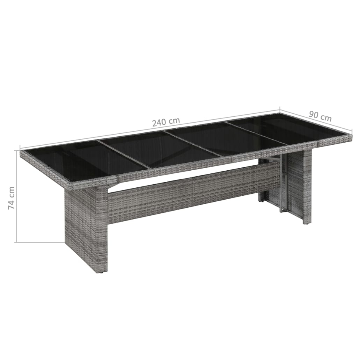 Grauer Rattantisch mit Glasplatte, 240x90x74 cm.