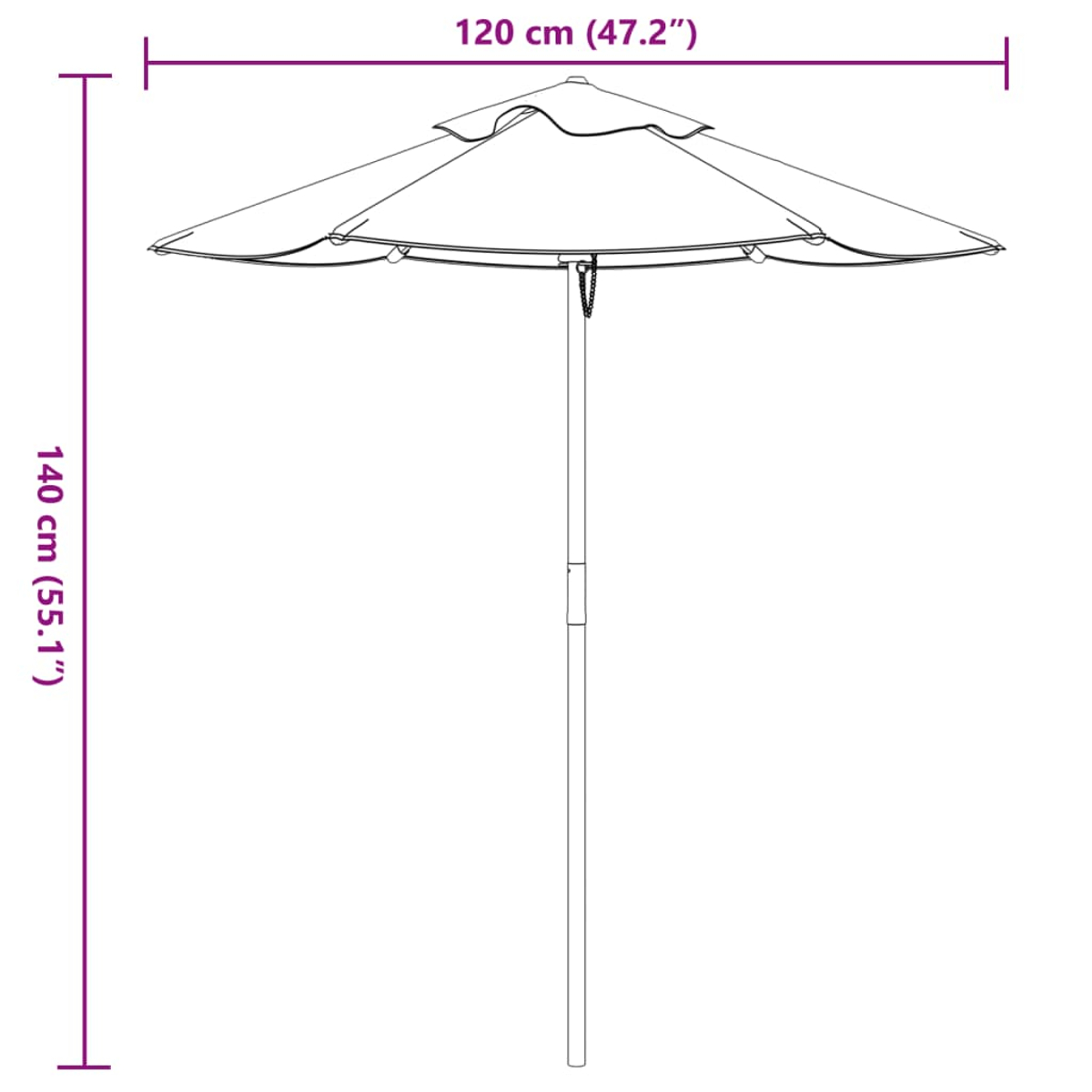 Un ombrellone largo 120 cm e alto 140 cm.