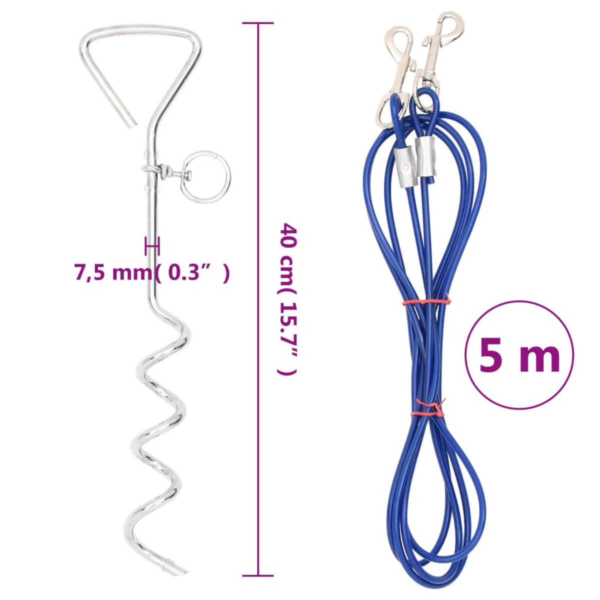 Ein Metall-Erdspieß und eine blaue Hundeleine sind abgebildet. Maße: 7,5 mm dick, 40 cm lang, 5 m Leine.