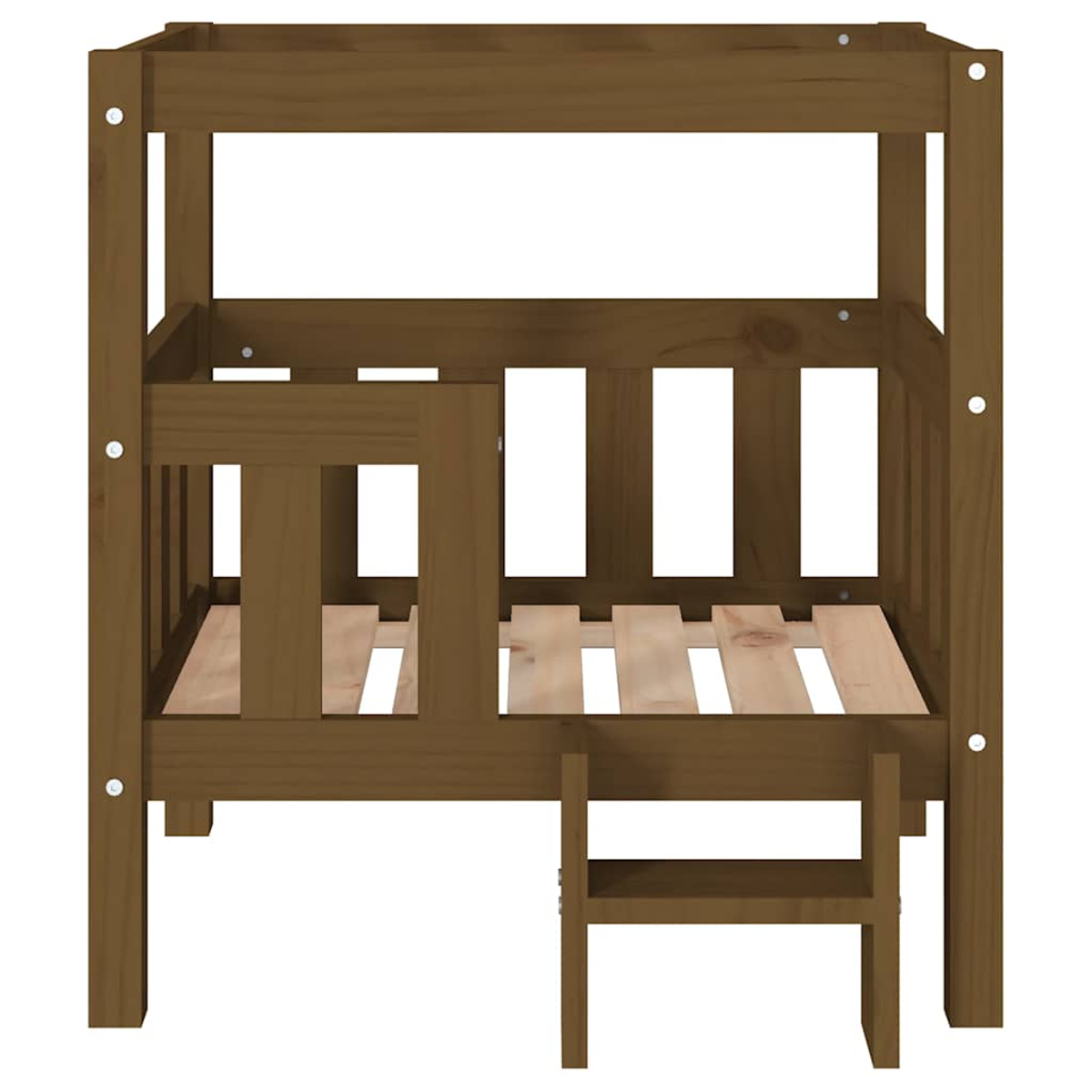 Ein braunes Holzbett mit Leiter und Lattenrost ohne Matratze.