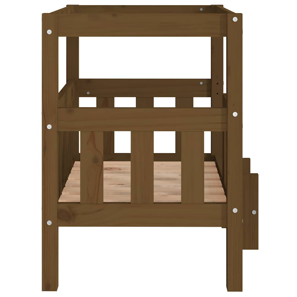 Ein braunes Holz-Etagenbett mit Lattenrost, von der Seite gesehen.