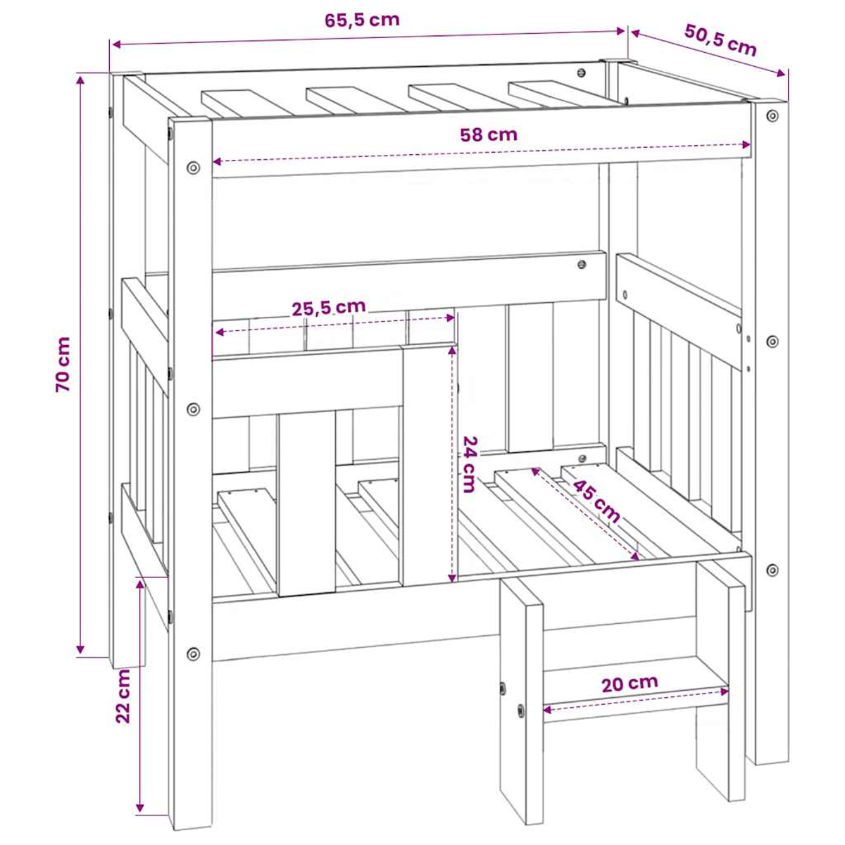 Holzkonstruktion mit Maßen: Höhe 70cm, Breite 65,5cm, Tiefe 50,5cm.