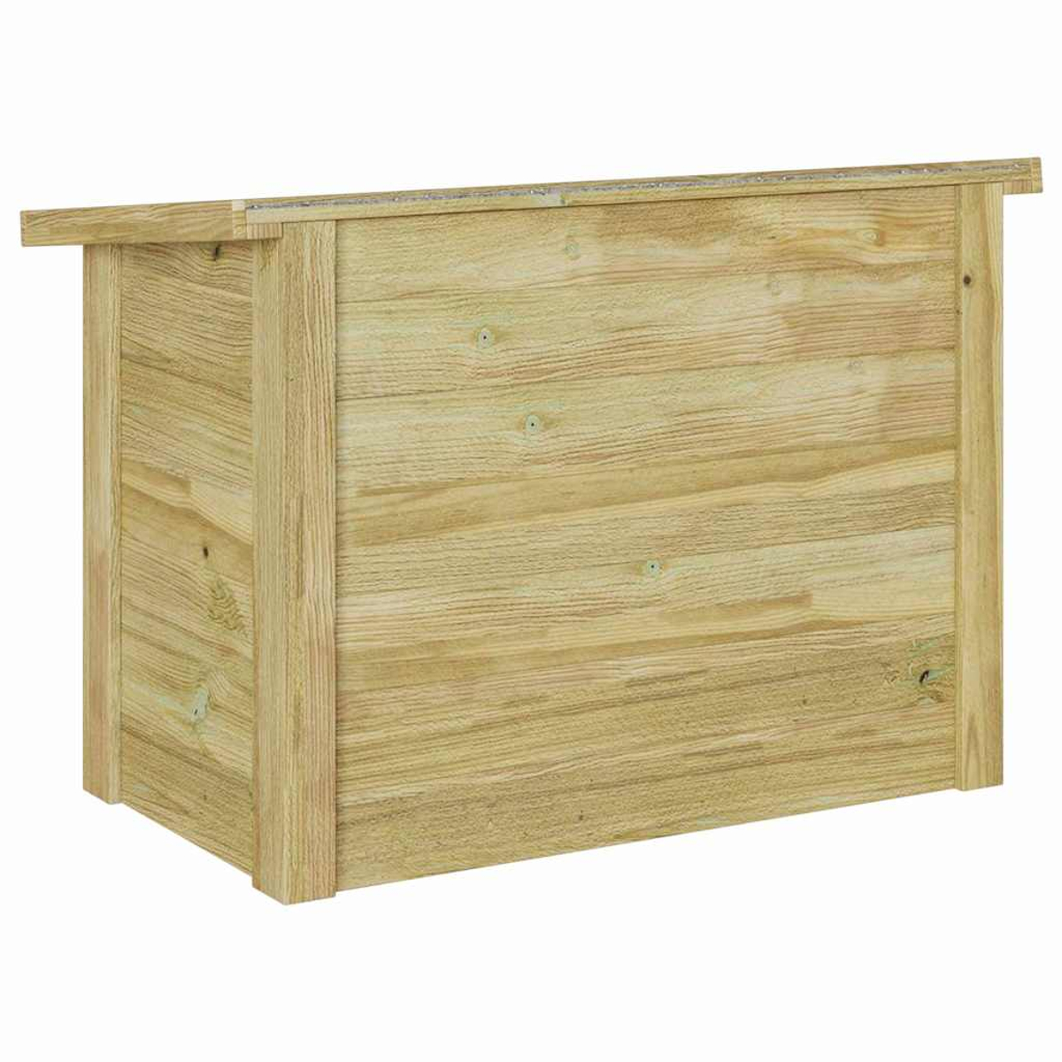 Holzkiste mit schrägem Dach und offenem Frontbereich.