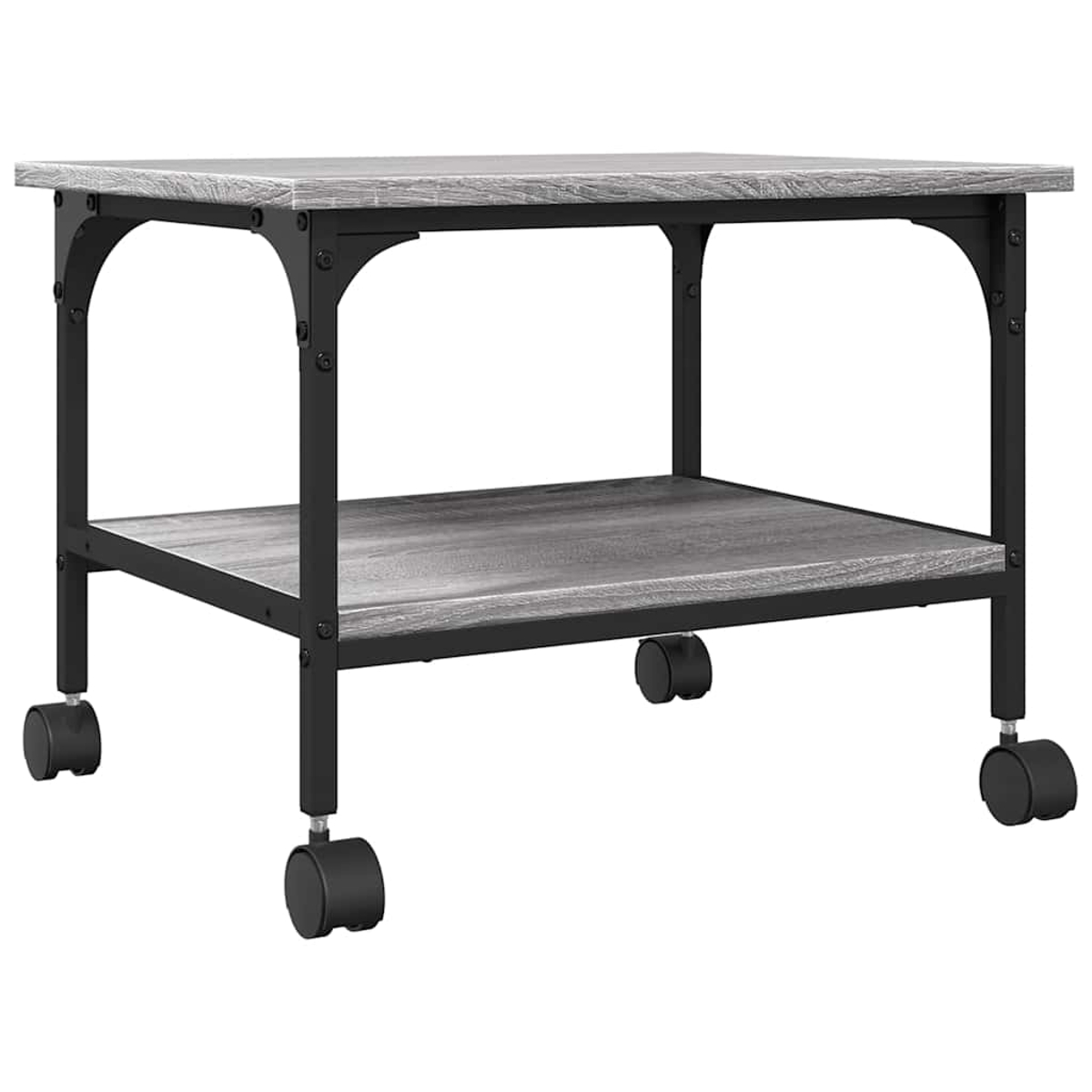 Ein zweistöckiger Tisch aus Holzoptik mit schwarzen Metallrahmen und Rollen.