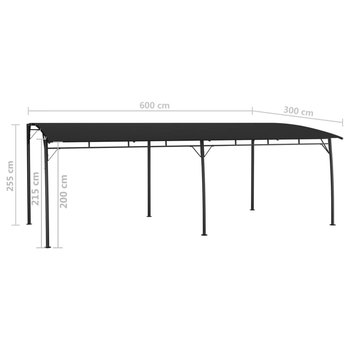 Schwarzes Pavillon mit Maßen 600x300x255 cm und 6 Stützen.