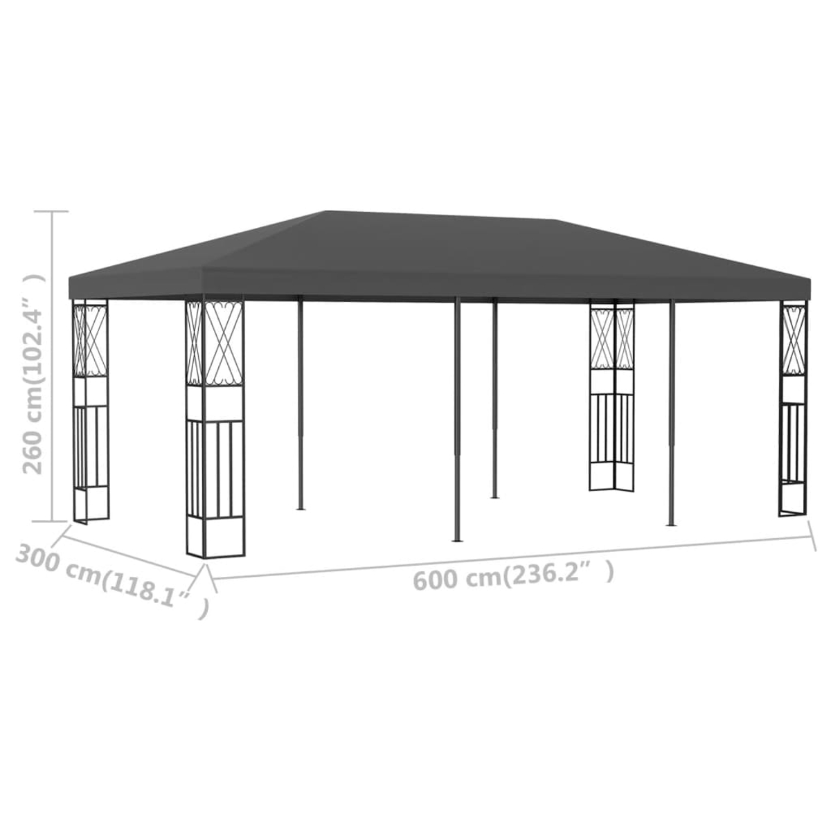 Ein dunkelgraues rechteckiges Pavillon mit acht Stangen und dekorativen Seiten. Maße gezeigt.