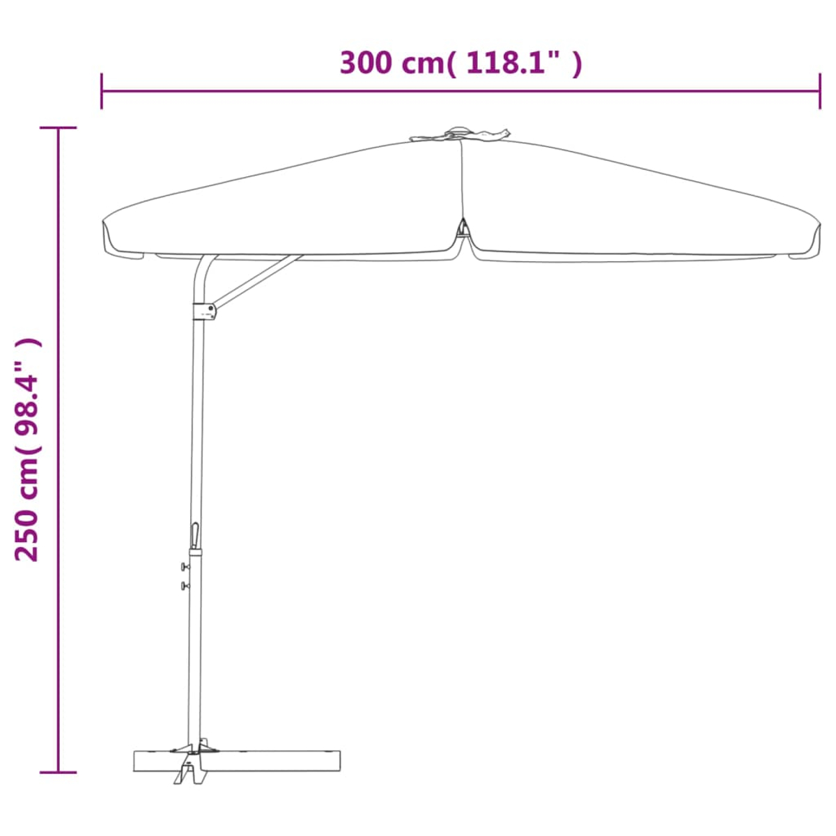 Ein Sonnenschirm mit einem Durchmesser von 300 cm und einer Höhe von 250 cm.