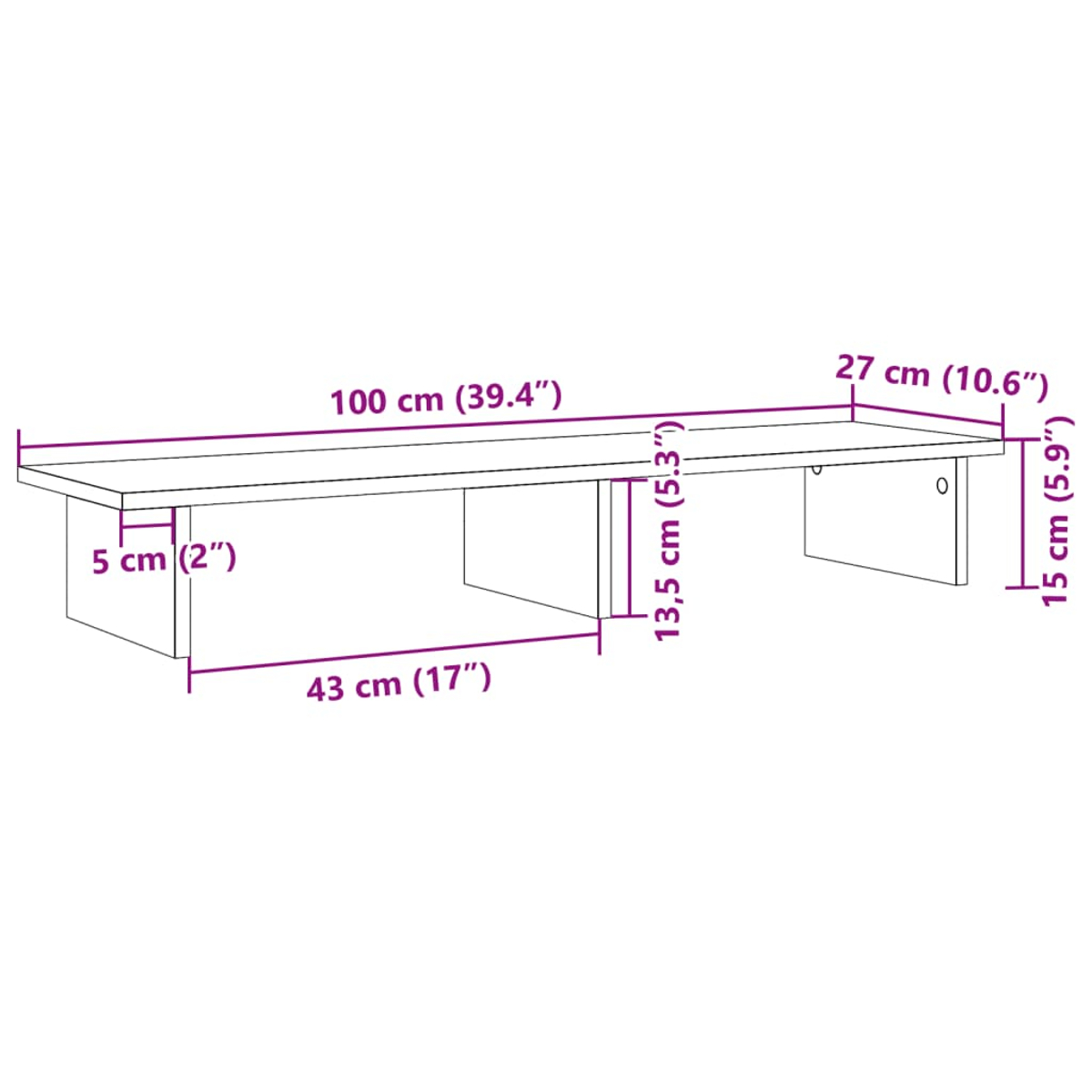 Eine weiße Tischplatte mit Maßen 100x27x15 cm und 5cm dicken Beinen.