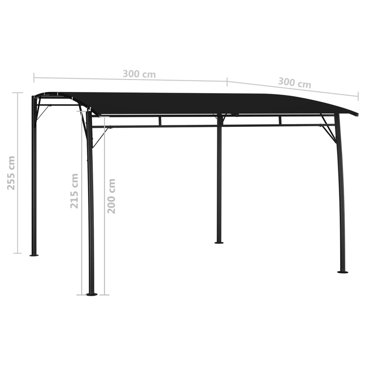 Ein schwarzes Pavillon mit Maßen 600x300x255 cm.