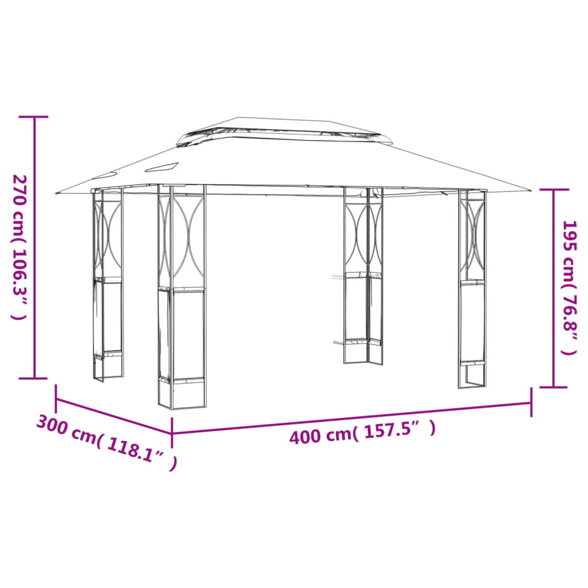 Skizze eines Pavillons mit Maßen: Höhe 270 cm, Breite 300 cm, Länge 400 cm.