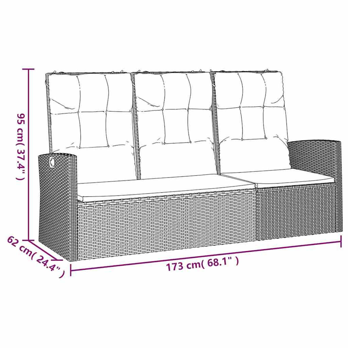 Ein weißes Rattan-Sofa mit drei Kissen. Maße angezeigt: 173x62x95 cm.