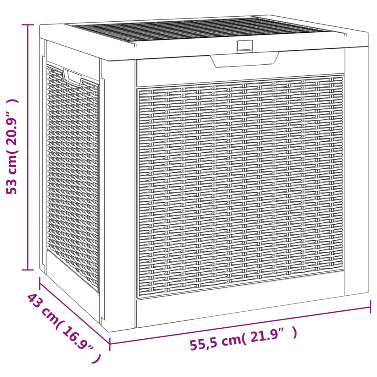 Ein Aufbewahrungsbox mit Rattan-Optik, Maße 55,5x43x53 cm.