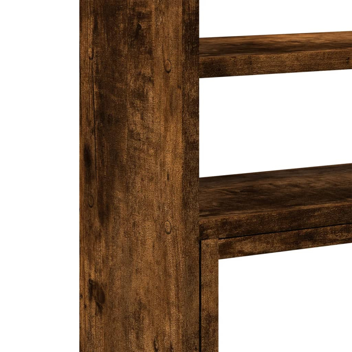 Dunkelbraunes Holzregal mit sichtbarer Maserung und zwei Regalböden.