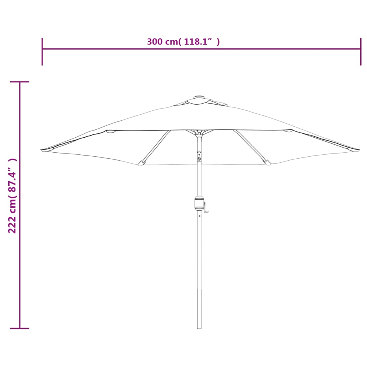 Ein Sonnenschirm mit Maßen von 300 cm Breite und 222 cm Höhe.
