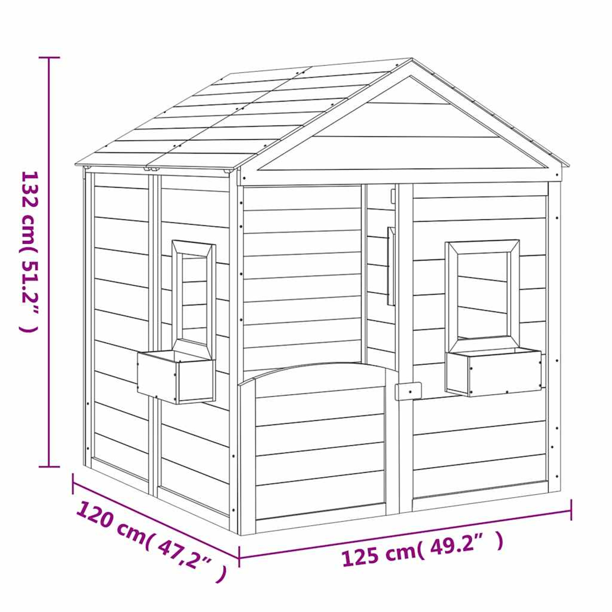 Disegno di una casetta in legno con dimensioni. Altezza 132cm, larghezza 125cm, profondità 120cm.