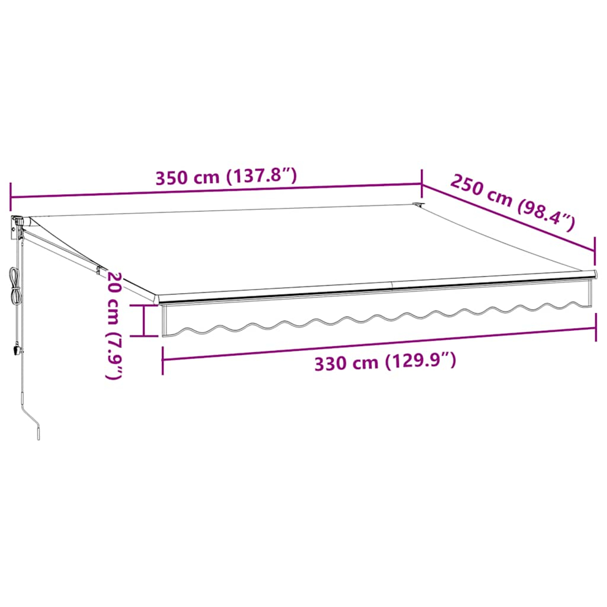 Tendalino dimensioni 350x250 cm, sporgenza 250 cm, altezza 20 cm.