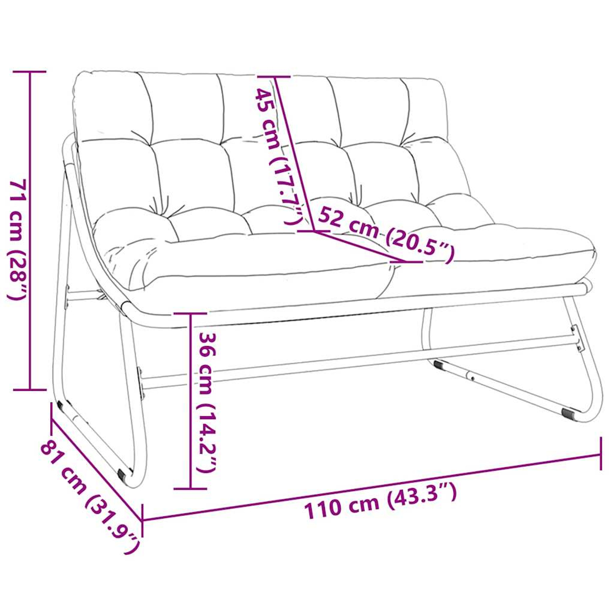 Divano bianco a due posti con dimensioni: 110x71x81 cm, altezza seduta 36 cm.