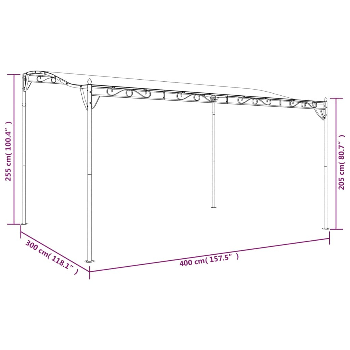 Ein Pavillon mit Maßen 400x300 cm, Höhe 255/205 cm. Weiße Struktur.