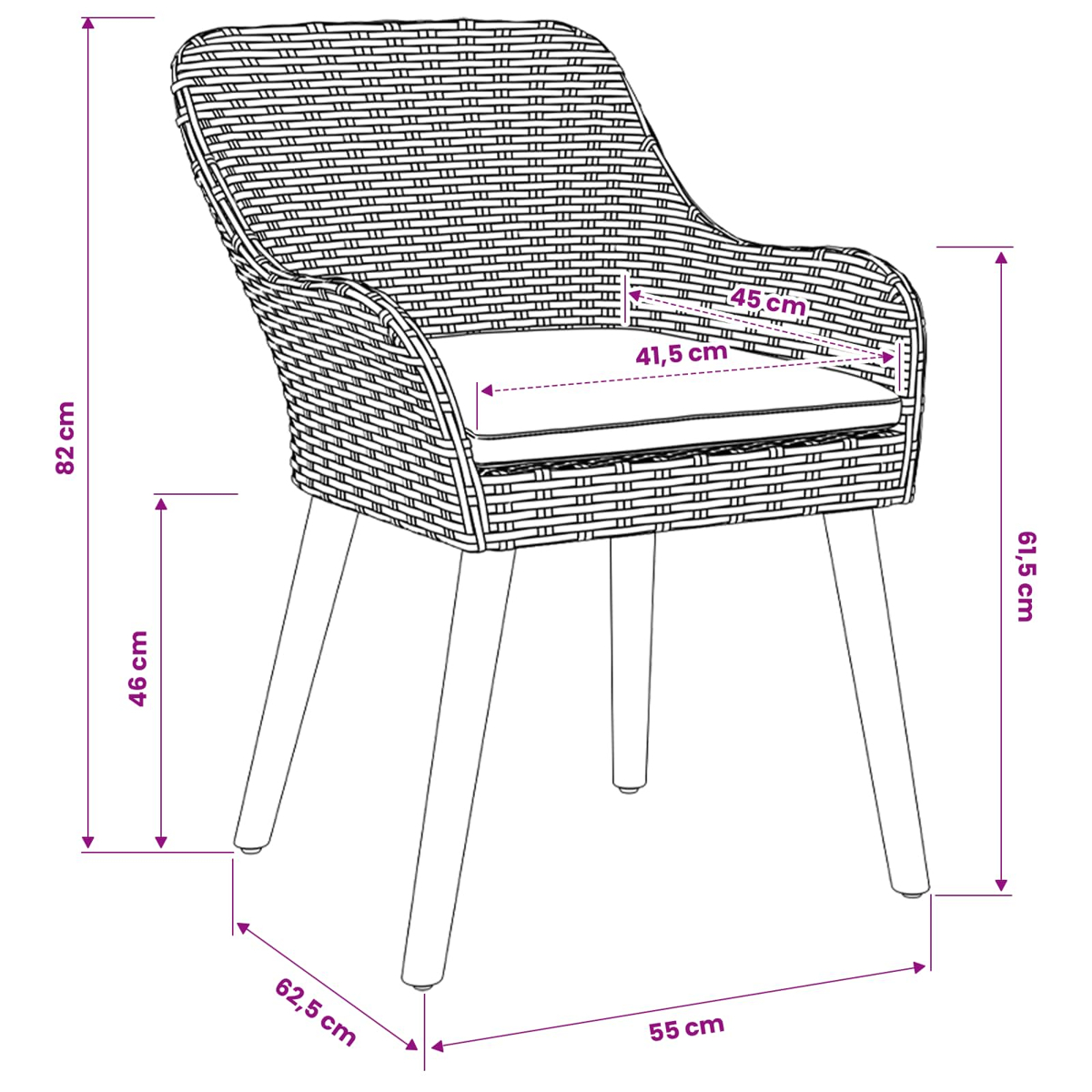 Ein Rattanstuhl mit Kissen und Maangaben. Höhe 82 cm, Breite 55 cm.