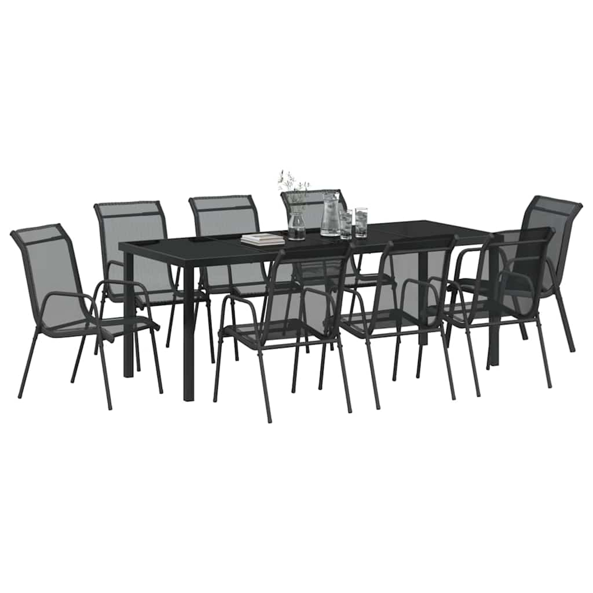 Una mesa de comedor negra para exteriores con ocho sillas delante, sobre fondo blanco.