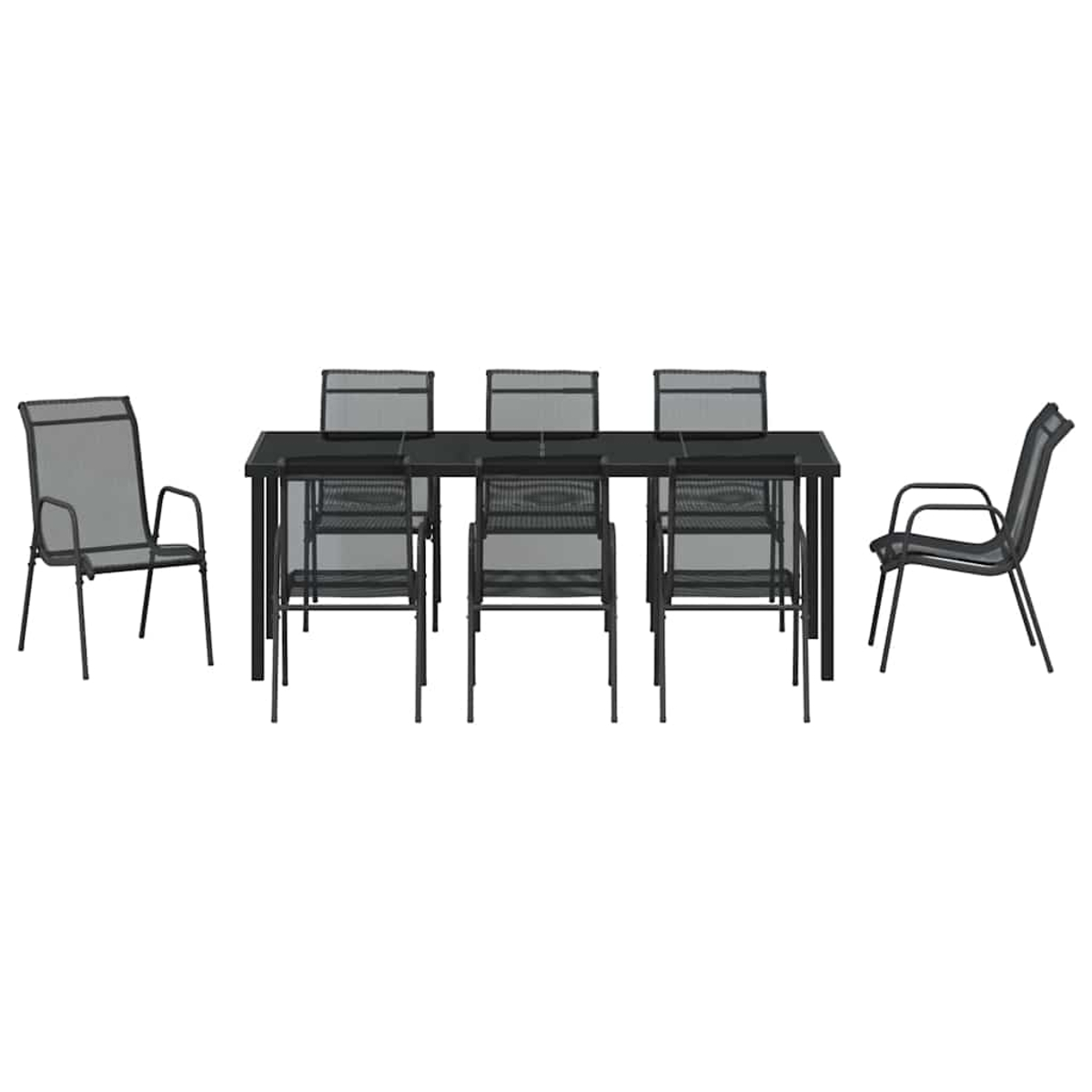 Juego de patio de metal negro con mesa rectangular y seis sillas, dos separadas.