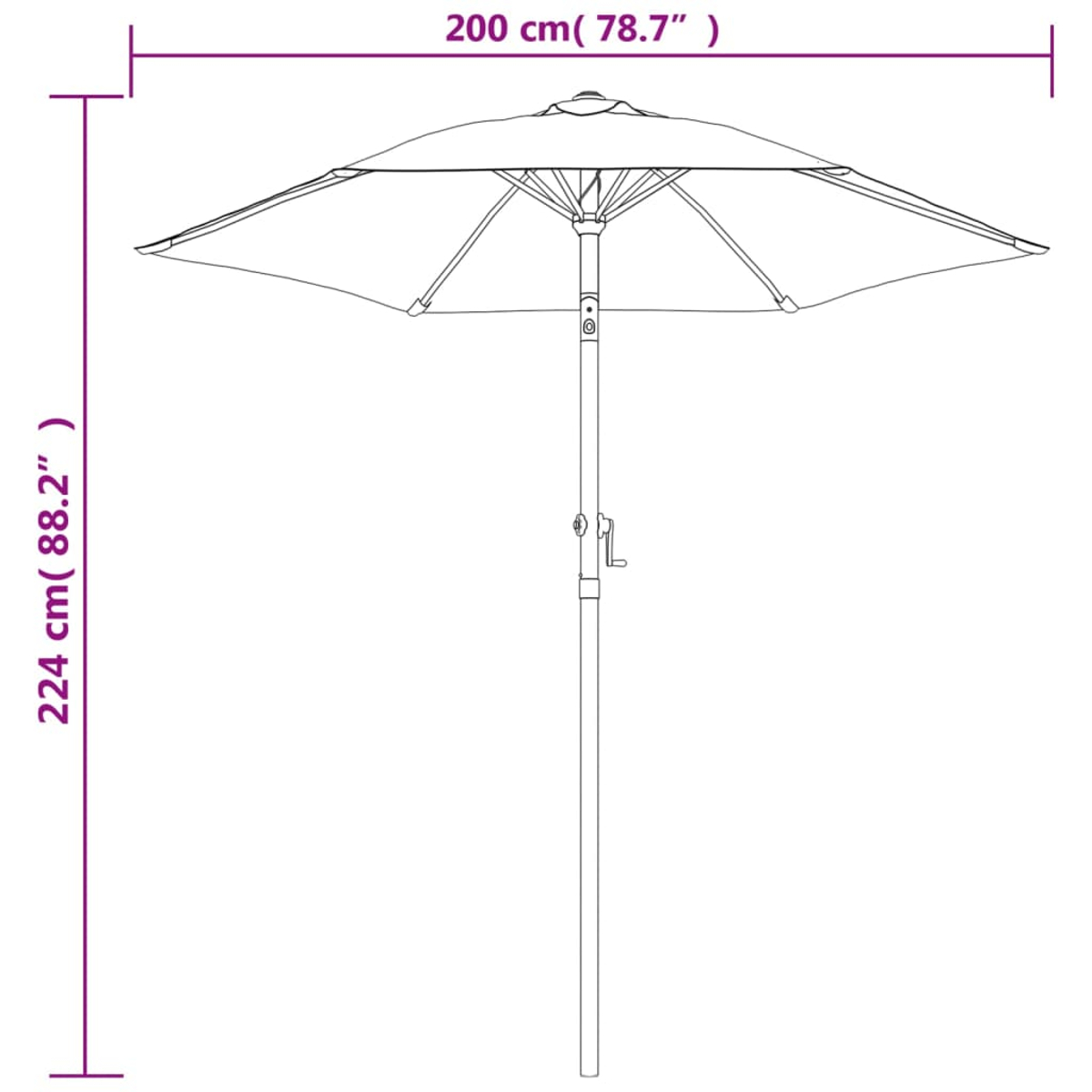 Un ombrellone con diametro 200 cm e altezza 224 cm.