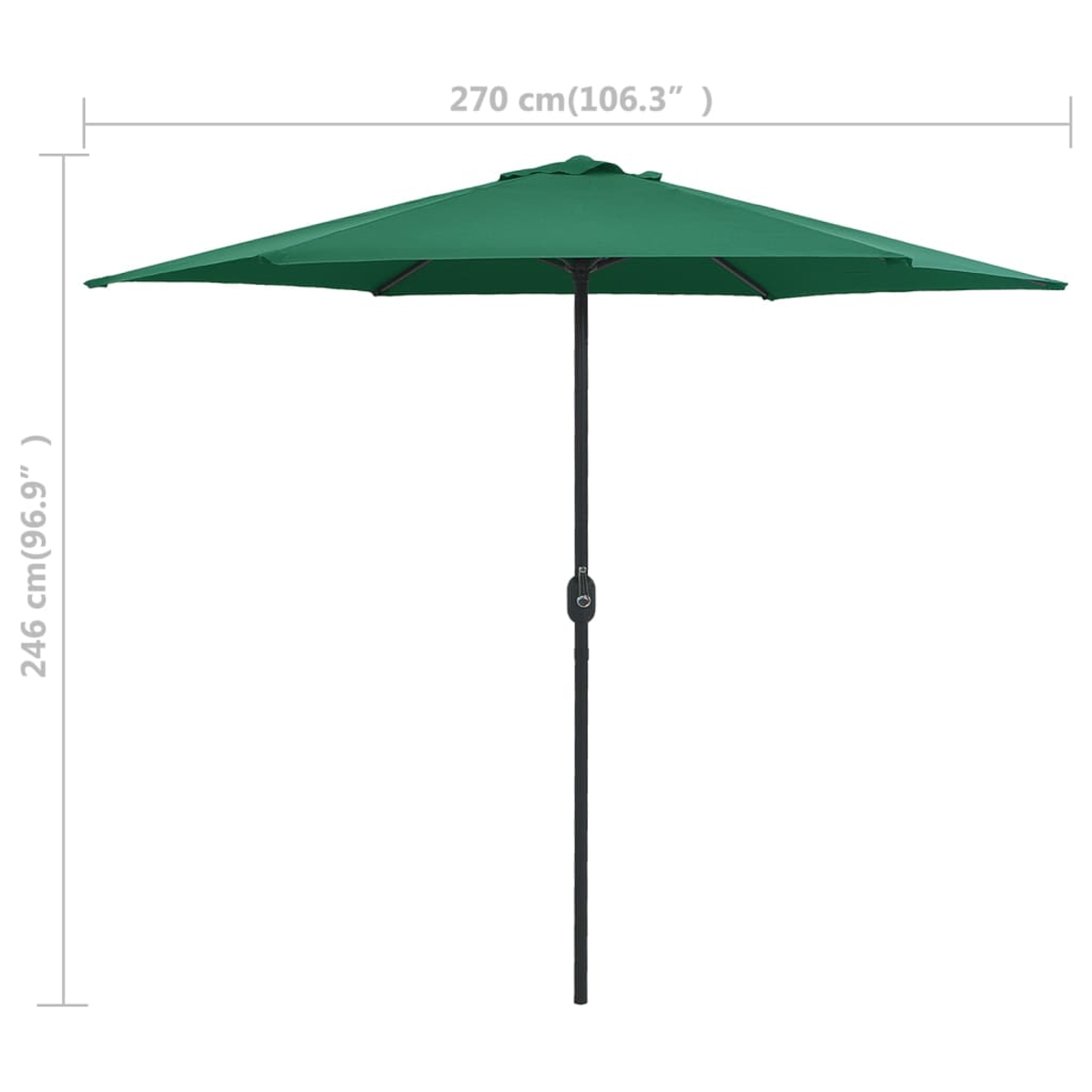 Ein grüner Sonnenschirm mit schwarzem Ständer, 270 cm breit und 246 cm hoch.