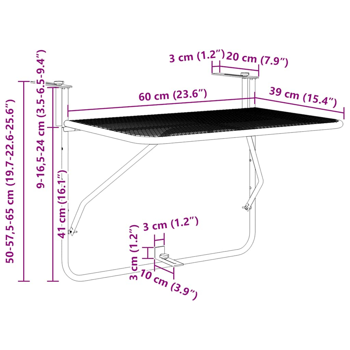 Ein schwarzer Balkontisch mit weißem Rahmen und Abmessungen: 60 cm (23,6") breit, 39 cm (15,4") tief.