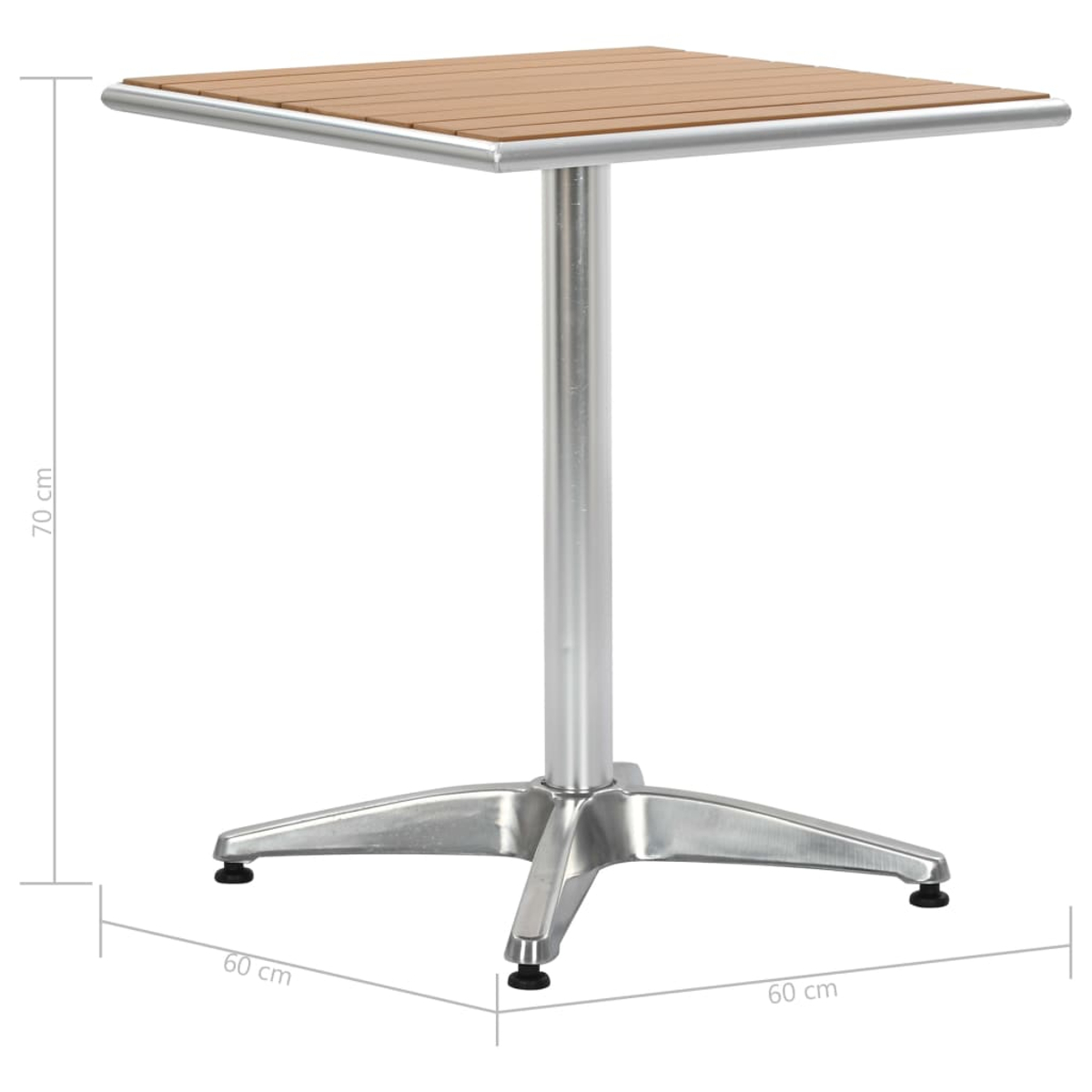 Ein kleiner quadratischer Tisch mit Holzlattenplatte und silbernem Fuß.