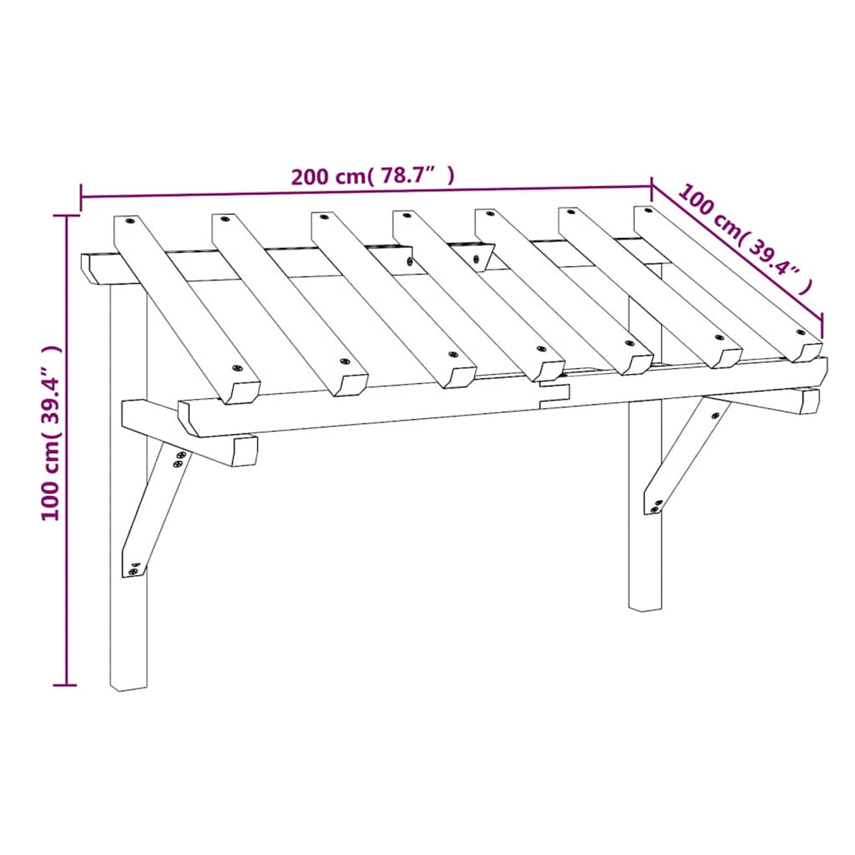 Eine Holzpergola mit Maßen von 200x100x100 cm, mit Stützen.