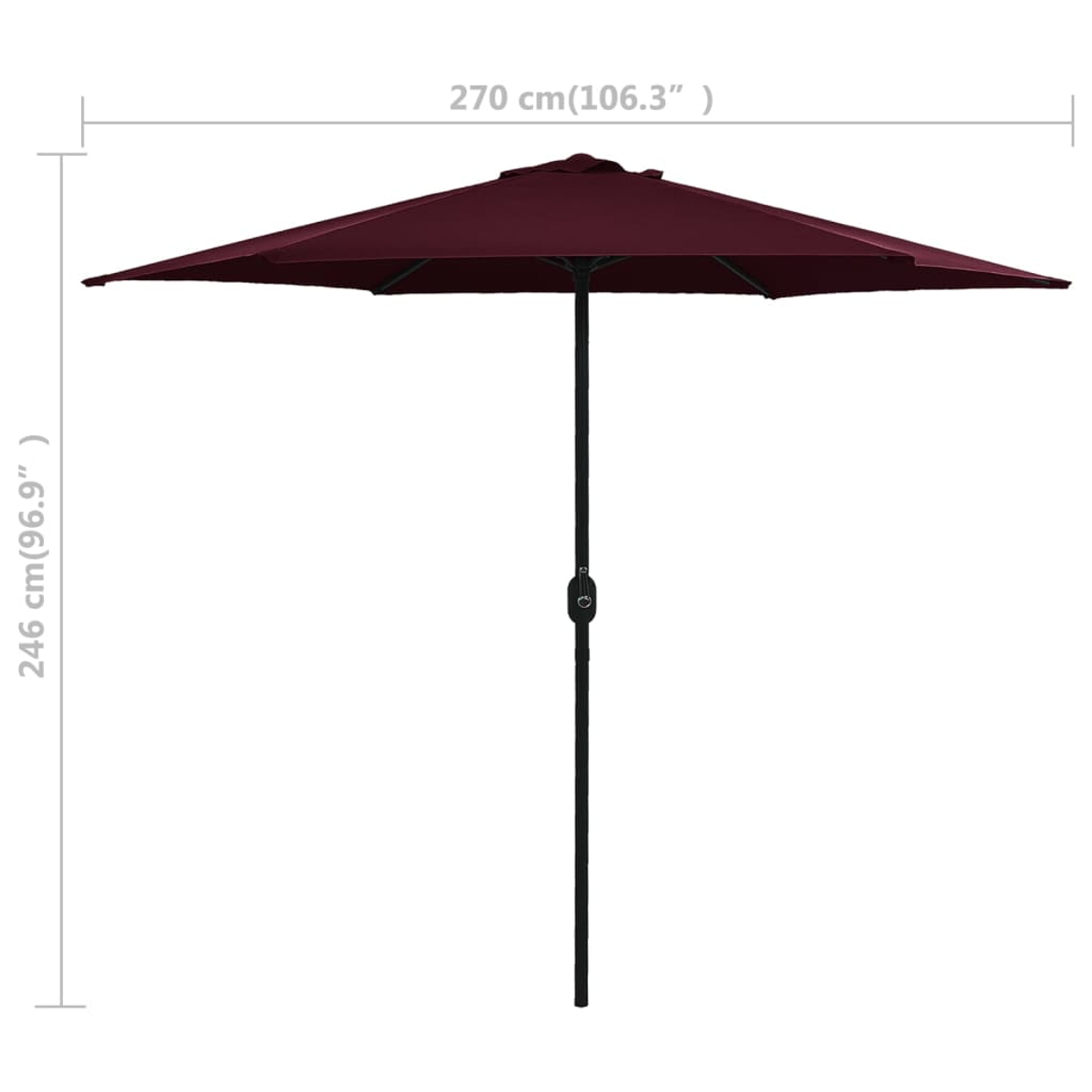 Ein burgunderroter Sonnenschirm mit schwarzem Ständer, 270cm breit und 246cm hoch.