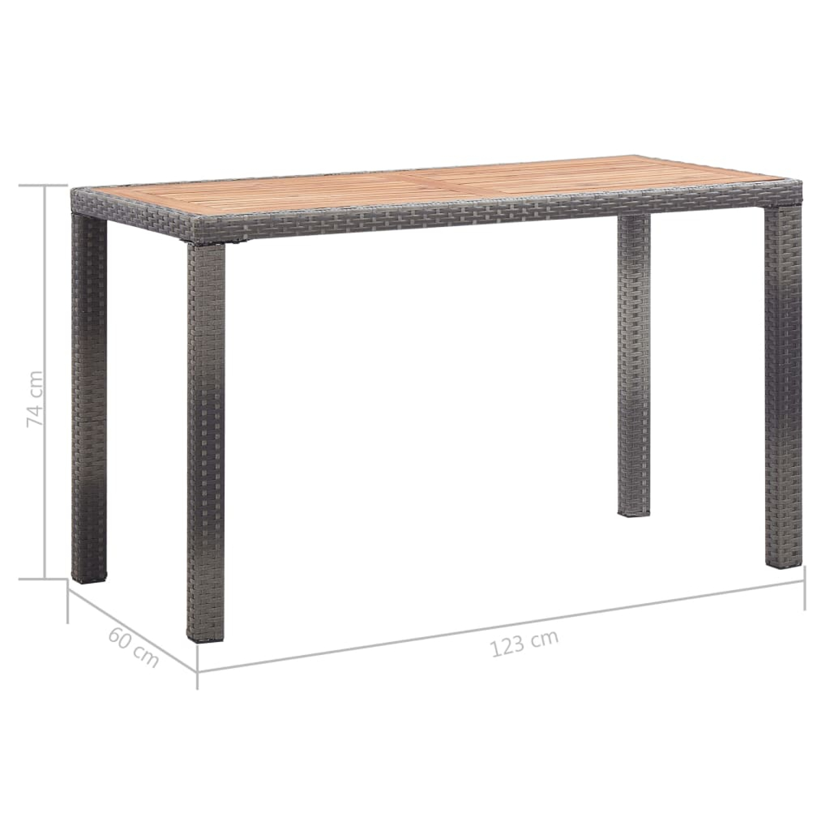 Ein rechteckiger Tisch mit grauem Rattangeflecht und Holzplatte. Maße: 123x60x74 cm.