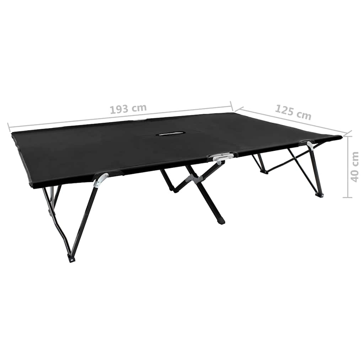 Ein schwarzes, zusammenklappbares Bett mit Metallbeinen, 193x125x40cm.