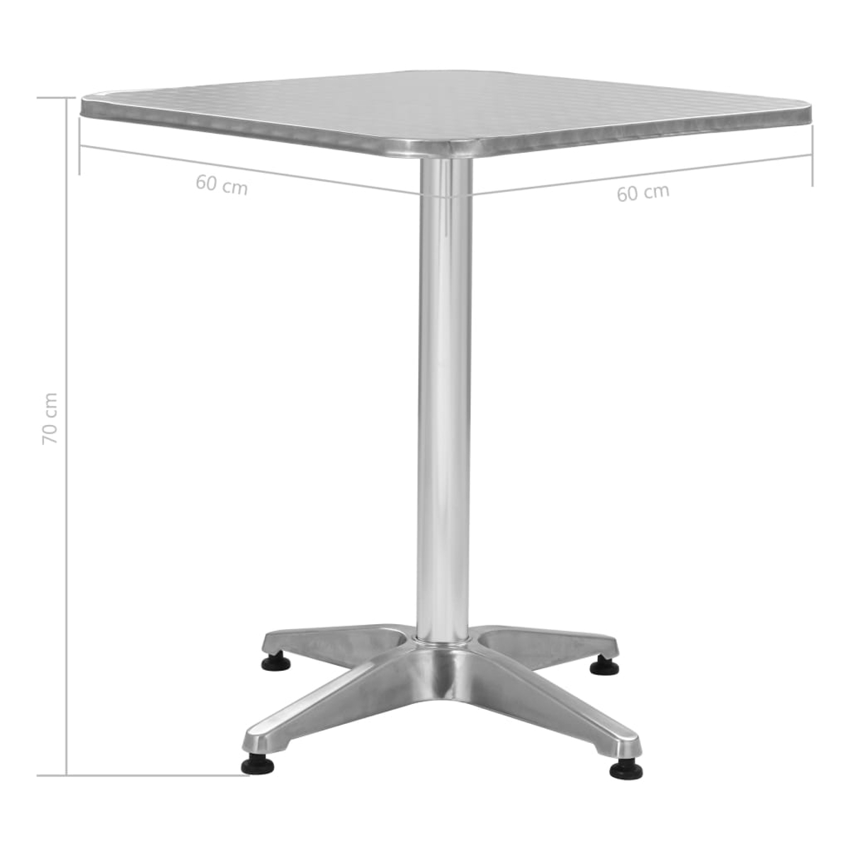 Ein quadratischer Tisch aus Metall mit silberner Oberfläche und vier Sternfüßen.
