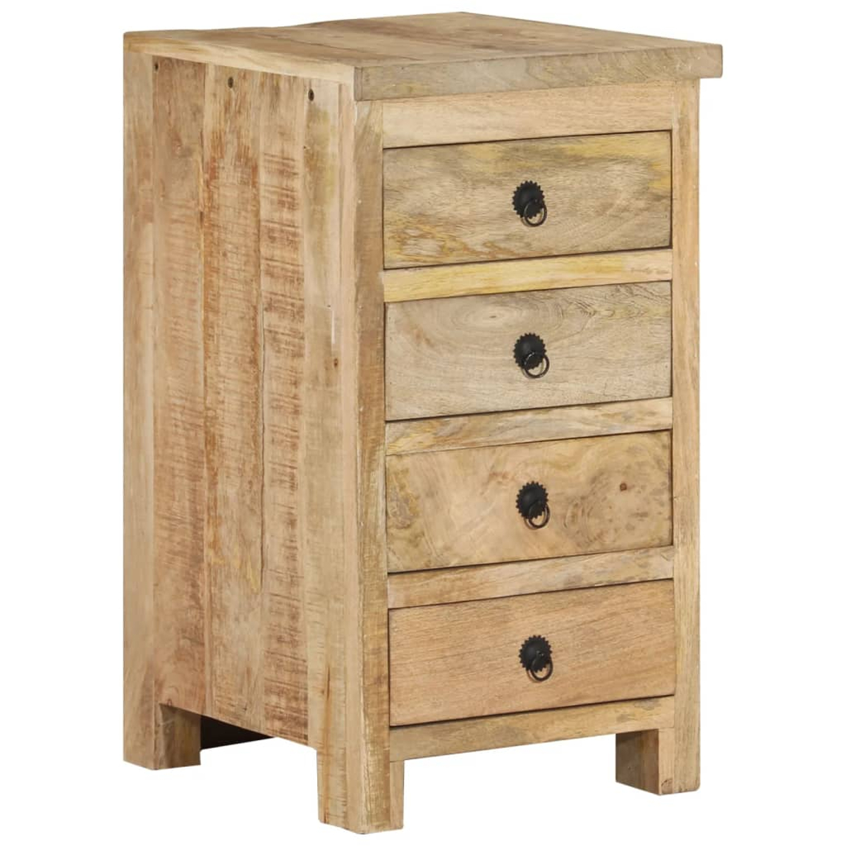 Ein heller Holzschrank mit vier Schubladen und runden Griffen.