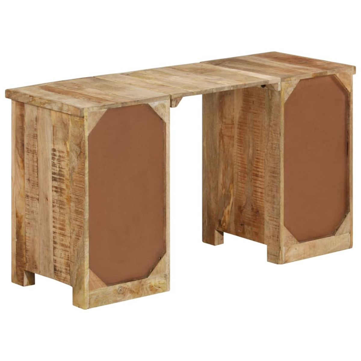 Ein hellbrauner Schreibtisch aus Holz mit zwei Schrankfüßen und einer Lücke in der Mitte.