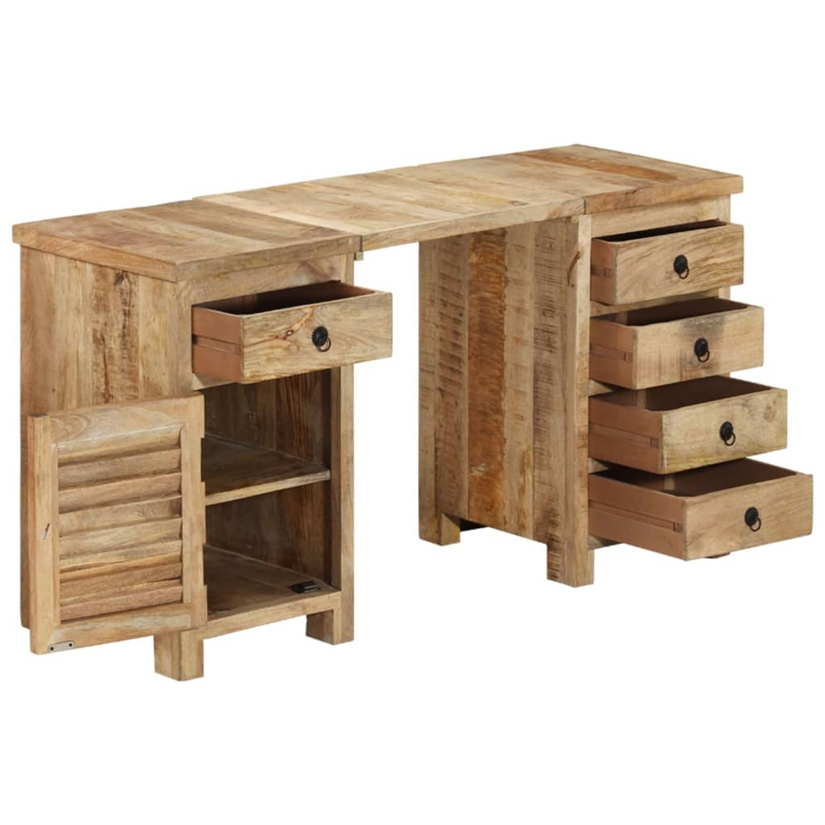 Holzschreibtisch mit einer Schublade und Schrank links, fünf Schubladen rechts. Weißer Hintergrund.